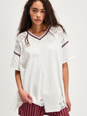 Free People Knockout Lace Detailed Top in Ivory Combo Size L Preppy / Sporty